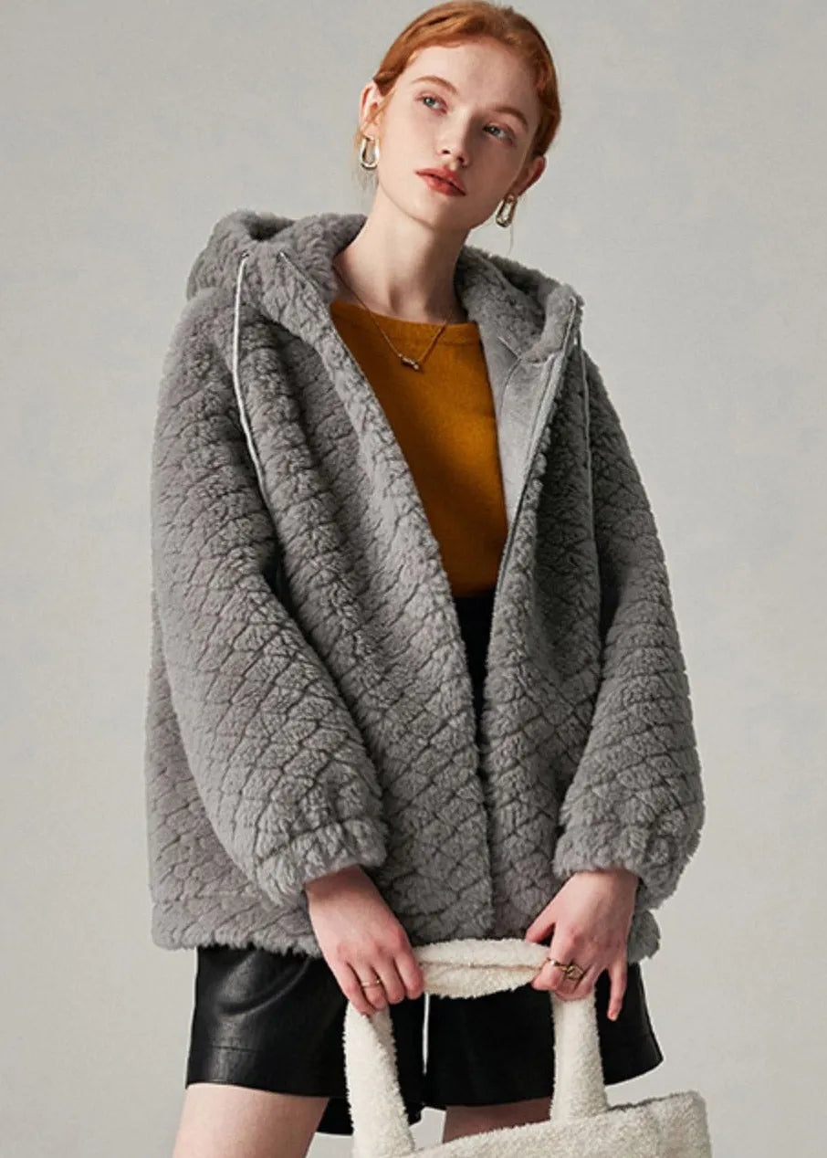 Grey Drawstring Faux Fur Hooded Coat Winter