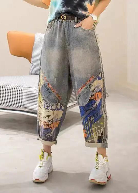 Light Blue Print Patchwork Sashes High Waist Crop Jeans Summer
