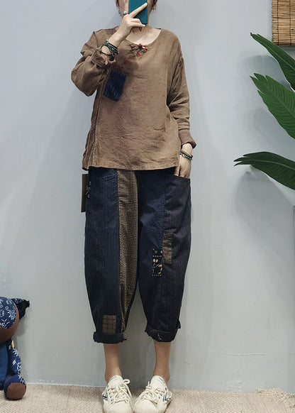 Khaki O-neck Embroideried Patchwork Linen Top Long Sleeve