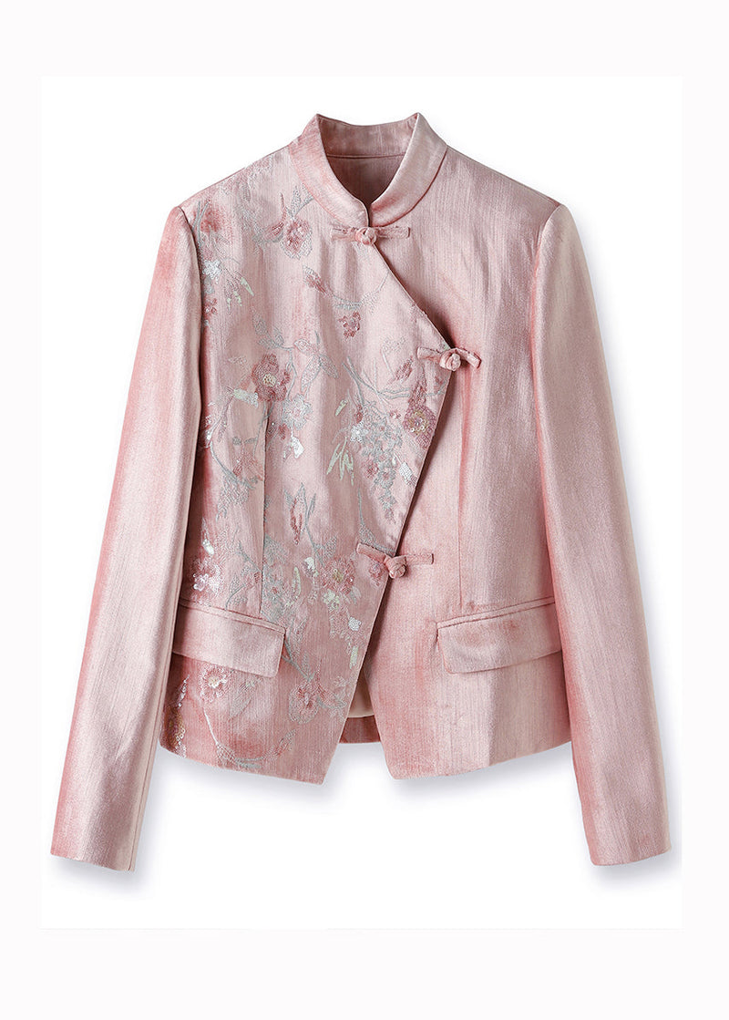 Pink Stand Collar Embroideried Sequins Patchwork Cotton Coat Fall