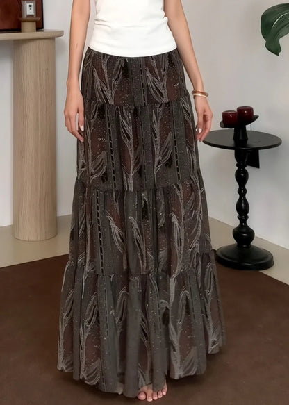 Grey Print Draping Chiffon Skirts Spring