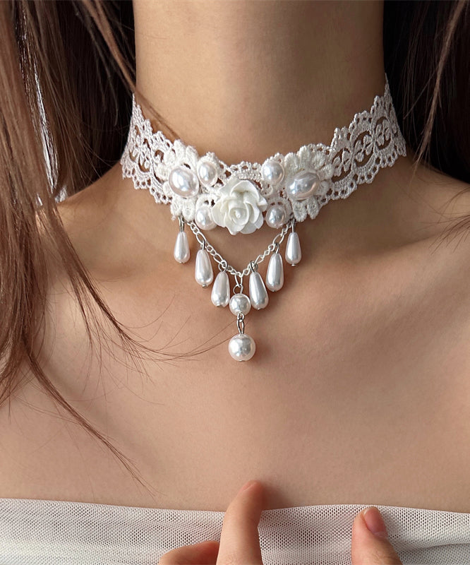 White Acrylic Alloy Lace Pearl Water Drop Pendant Necklace