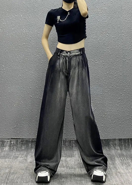 Black Grey Pockets Patchwork Denim Wide Leg Pants Fall