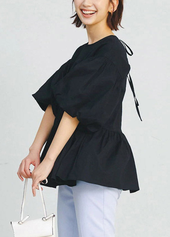 Black O-neck Wrinkled Cotton Shirt Puff Sleeve