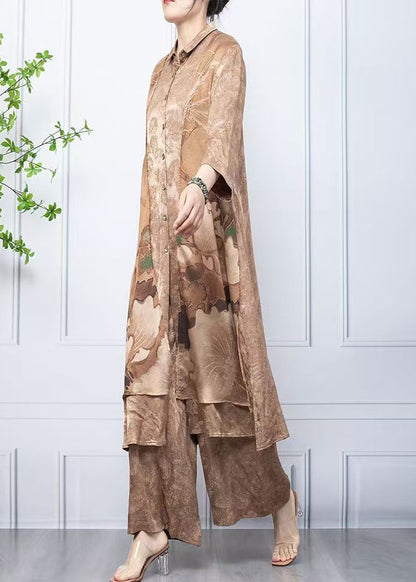 Coffee Print Button Patchwork Silk Two Pieces Set Fall