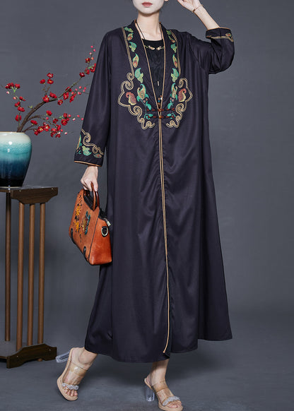 Black Embroidered Chinese Button Silk Two Pieces Set Fall