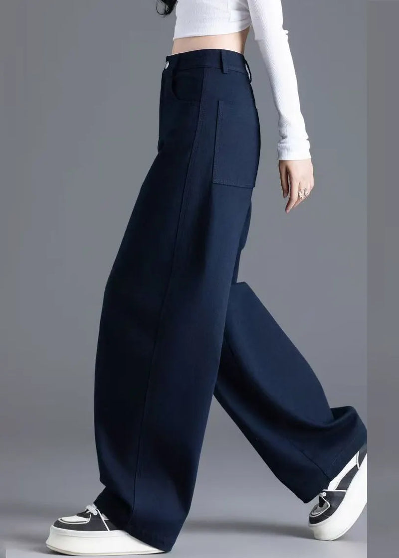 Navy Button Pockets Denim Wide Leg Pants High Waist