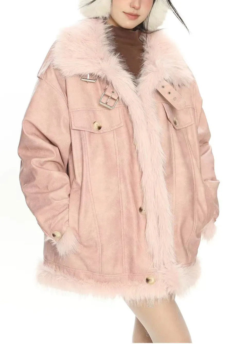 Pink Oversized Patchwork Warm Faux Leather Coat Winter