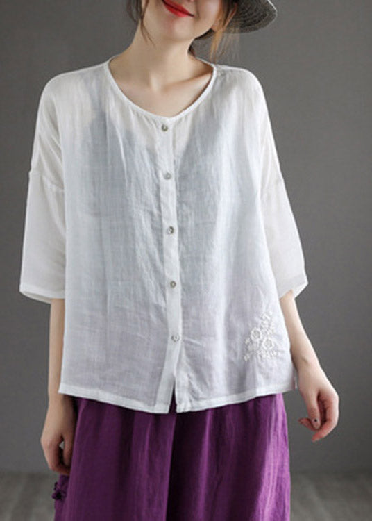 Classy Coffee O-neck Embroideried Button Linen Shirt Half Sleeve