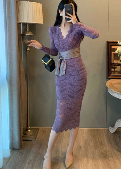 Lavender V Neck Tie Waist Lace Party Dresses Summer