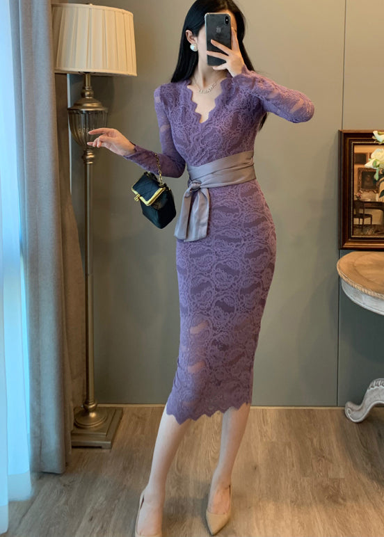Lavender V Neck Tie Waist Lace Party Dresses Summer