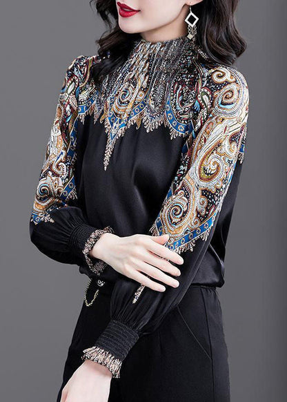Black Stand Collar Cinched Print Silk Shirt Top Spring