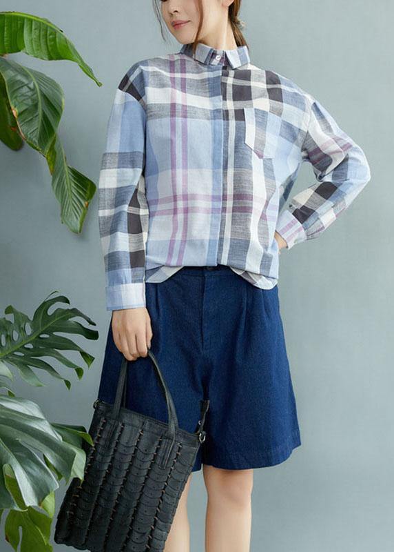 Fine Blue Plaid Print Pockets Button Fall Shirt Long Sleeve
