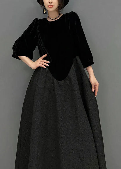 Fine Black O-neck Asymmetrical Patchwork Silk Velour Dress Fall