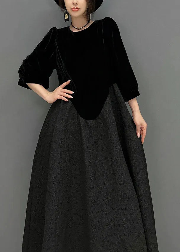 Fine Black O-neck Asymmetrical Patchwork Silk Velour Dress Fall
