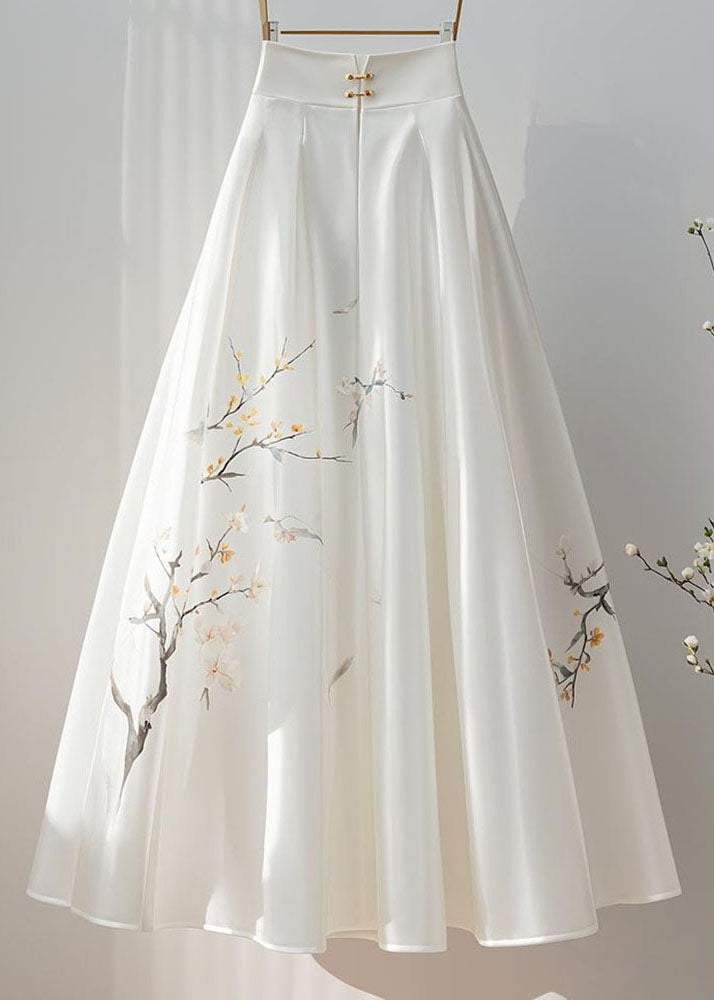 New Retro White High Waist Print Silk a Line Skirt Fall