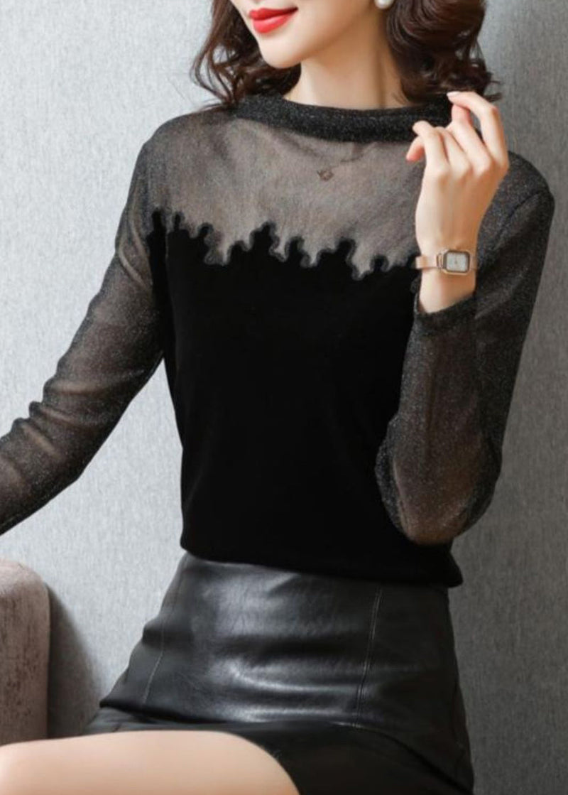 Black Turtleneck Lace Tulle Patchwork Velour Tops Bottoming Shirt