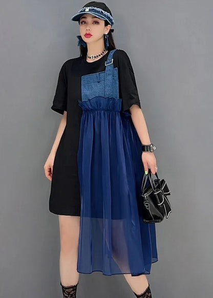 Blue Asymmetrical Denim Tulle Patchwork Dresses Short Sleeve
