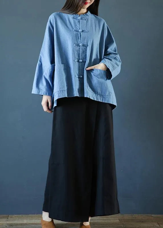 Loose Stand Collar Chinese Button Clothes for Sleeve Denim Light Blue Shirts