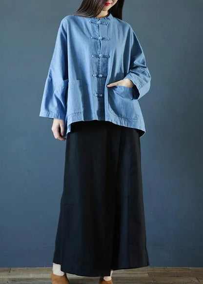 Loose Stand Collar Chinese Button Clothes for Sleeve Denim Light Blue Shirts