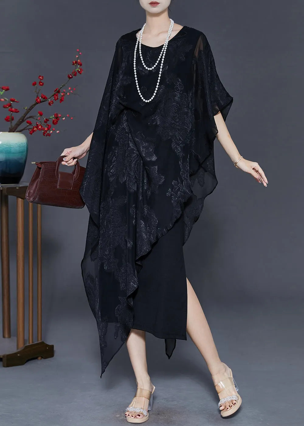 Black Cold Shoulder Jacquard Silk Dresses Summer