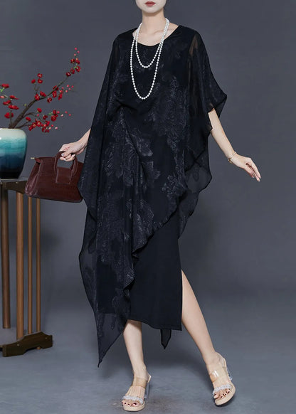 Black Cold Shoulder Jacquard Silk Dresses Summer