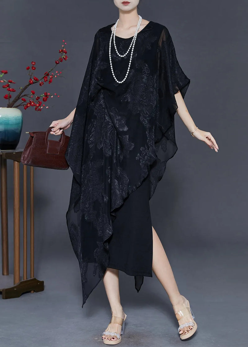 Black Cold Shoulder Jacquard Silk Dresses Summer
