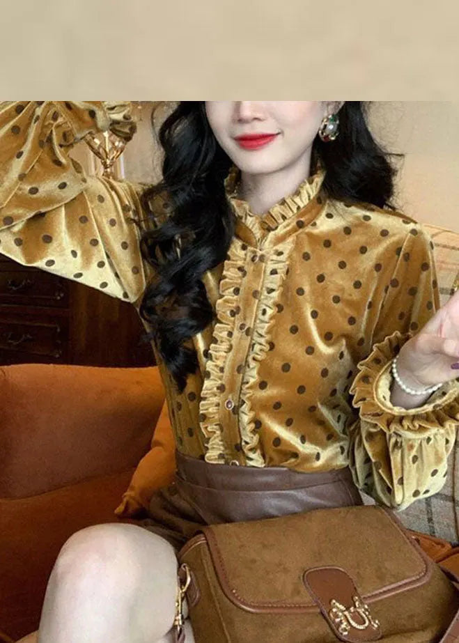Ruffled Patchwork Dot Print Button Silk Velour Shirt Long Sleeve