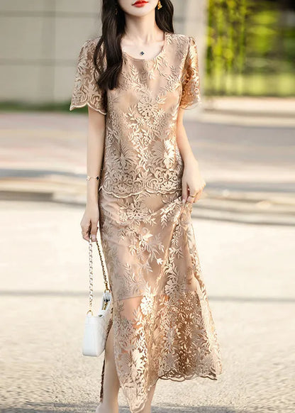 Fine Khaki Jacquard Silm Fit Silk Two Pieces Set Summer