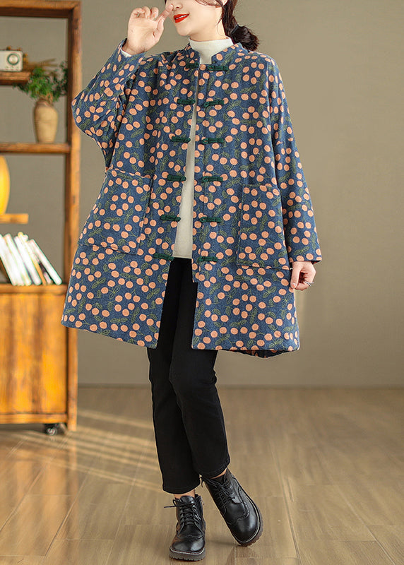 Print Pockets Chinese Button Fine Cotton Filled Coat Winter