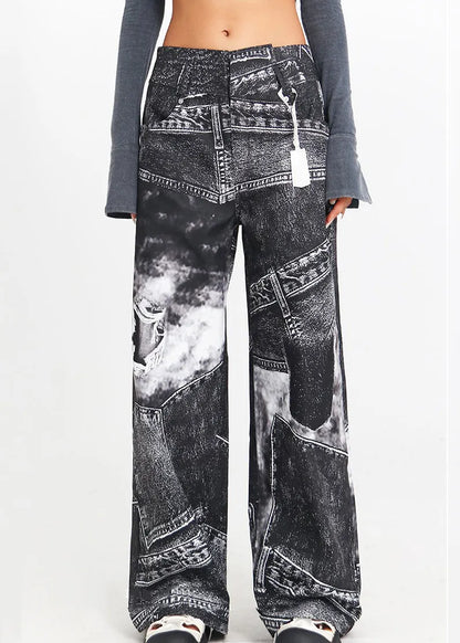 Black Print High Waist Denim Pants Spring