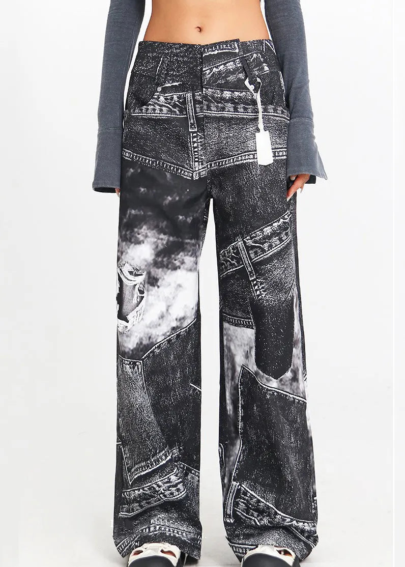 Black Print High Waist Denim Pants Spring