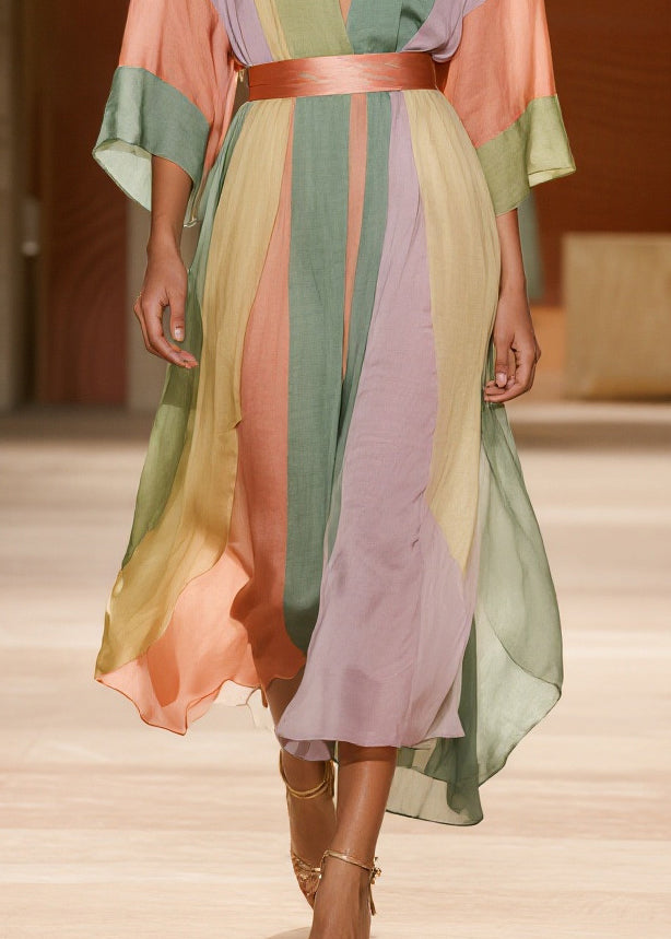 Colorblock Cinched Striped Silk Cotton Dress Summer