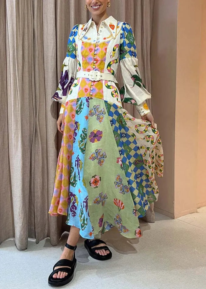 Unique Peter Pan Collar Button Print Patchwork Linen Maxi Dresses Spring