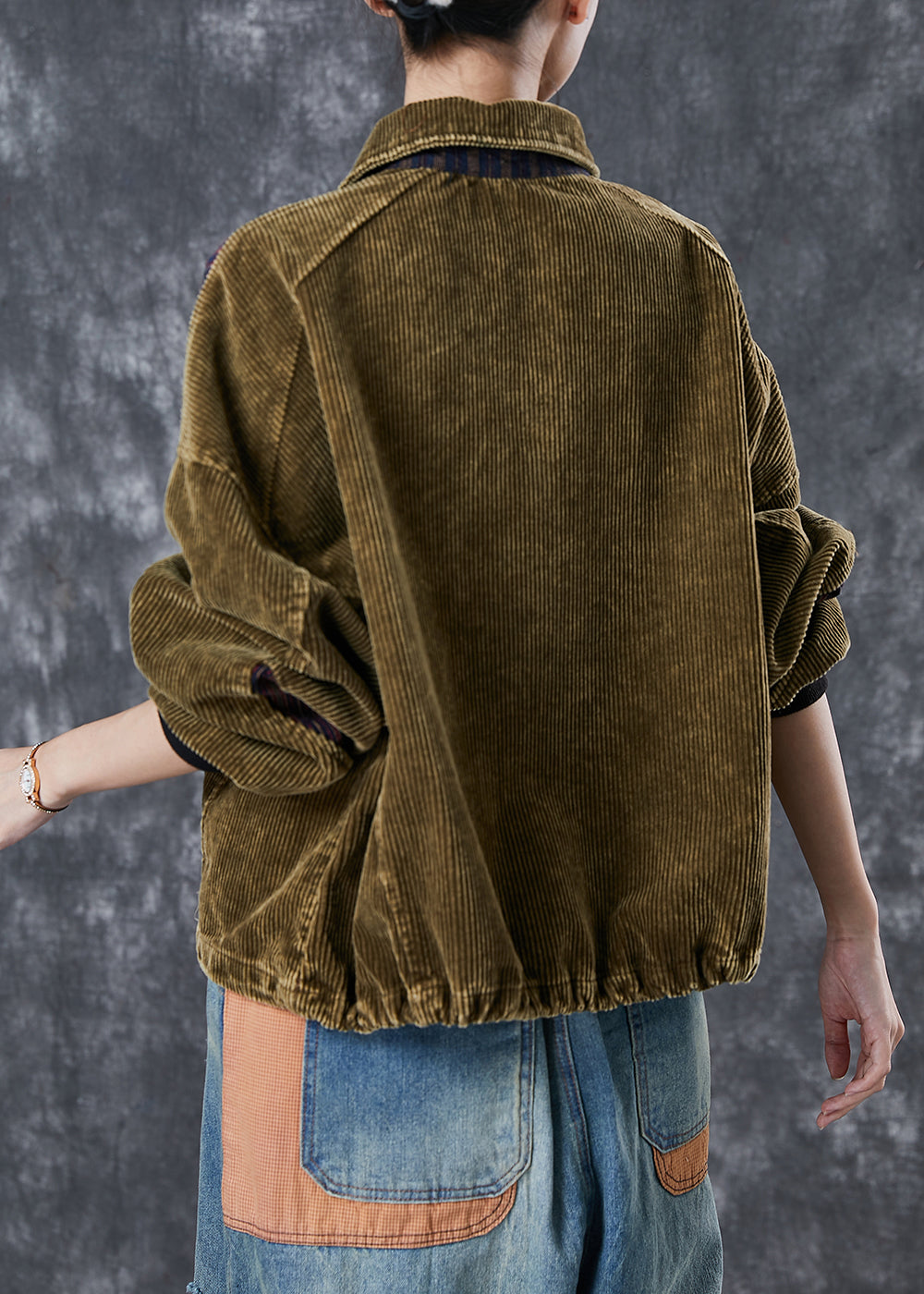 Green Oversized Patchwork Corduroy Sweatshirts Top Spring