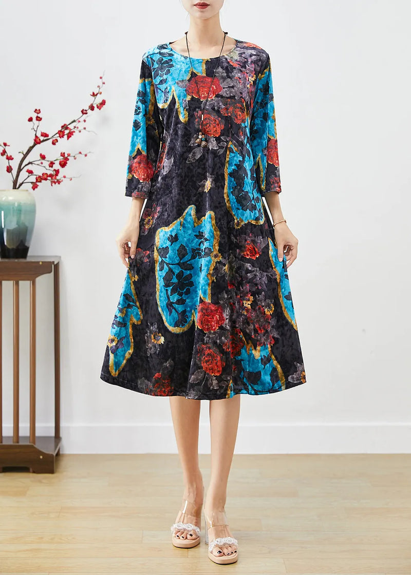French Black O-neck Print Silk Velour Maxi Dresses Bracelet Sleeve
