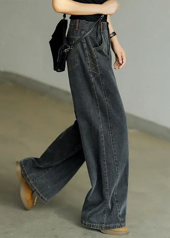 Black High Waist Zip Up Draping Pockets Cotton Denim Wide Leg Pants Summer