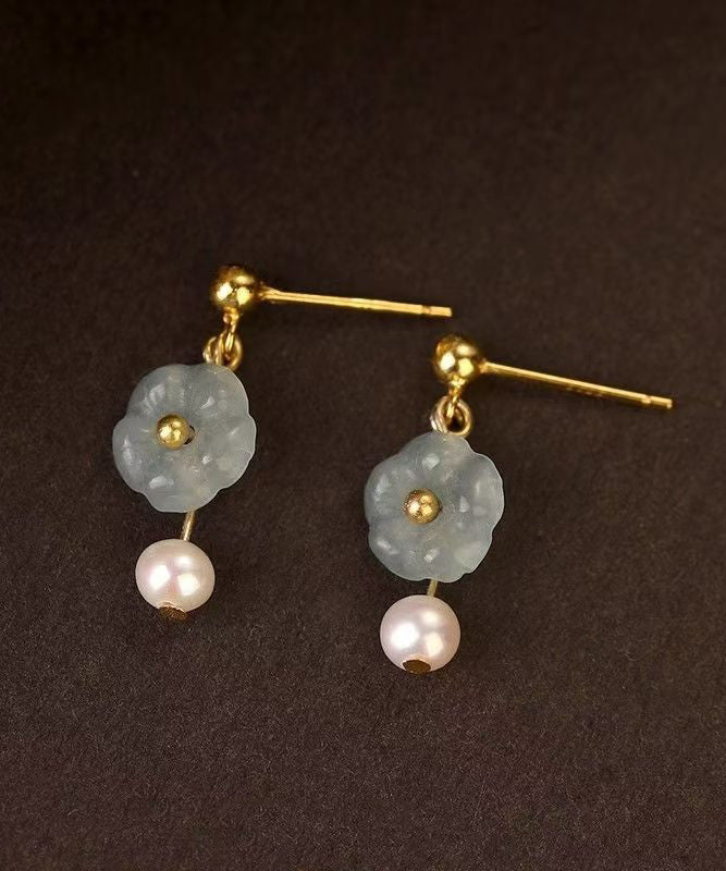 Art Colorblock Sterling Silver Overgild Jade Pearl Drop Earrings