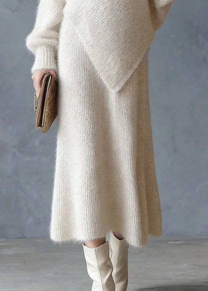 Beige Asymmetrical Cotton Knit Sweaters and Maxi Skirts Two Pieces Set Spring