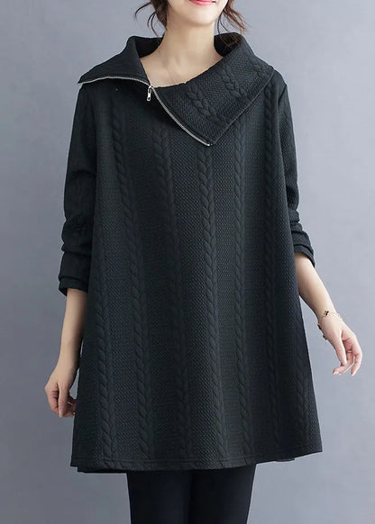 Black Zip Up Patchwork Cotton Top Long Sleeve