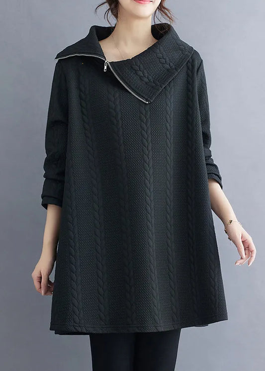 Black Zip Up Patchwork Cotton Top Long Sleeve