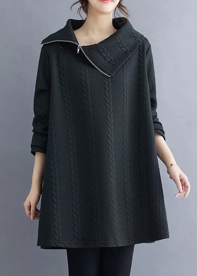 Black Zip Up Patchwork Cotton Top Long Sleeve