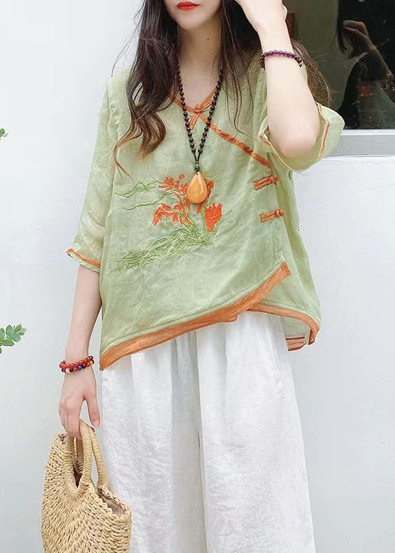 Green Asymmetrical Button Linen Tops Half Sleeve