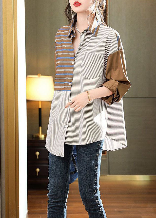 Coffee Peter Pan Collar Patchwork Striped Cotton Shirts Spring