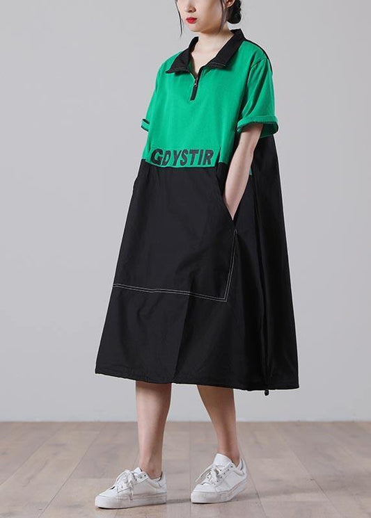 Simple Green Graphic Cotton Pockets Summer Party Dress