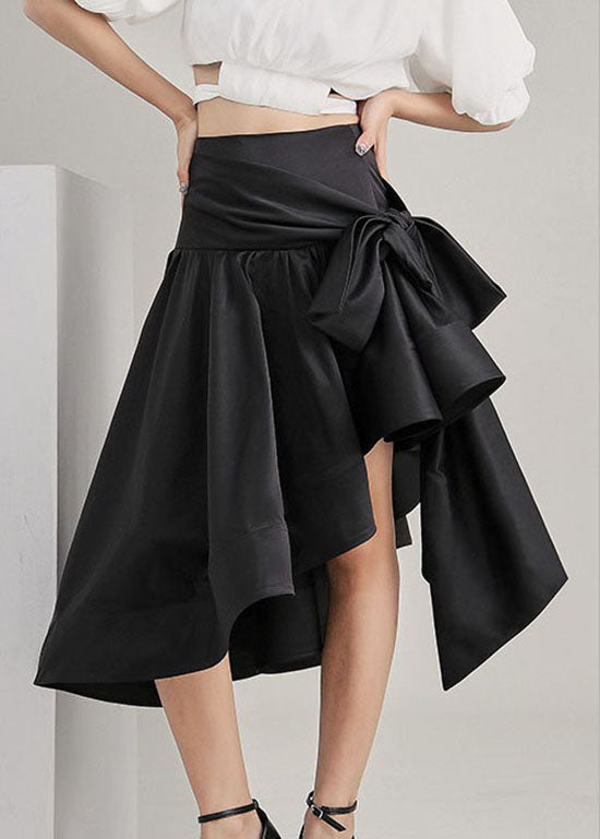 Black Tie Waist Asymmetrical Satin Pleated Skirt Spring