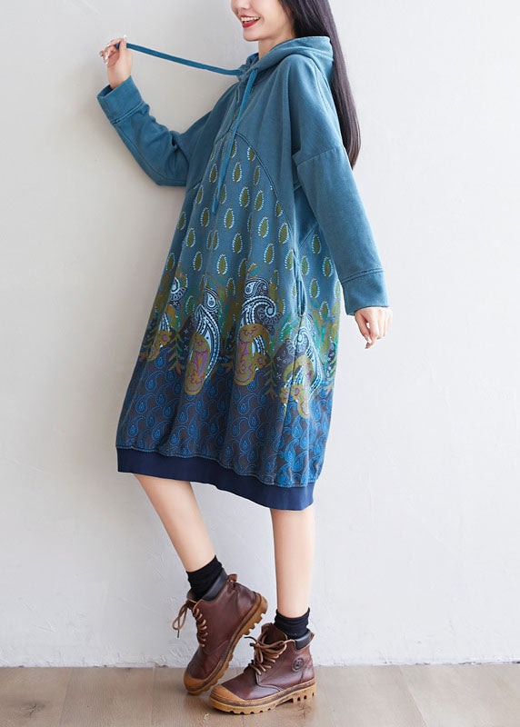 Blue Pullover Dresses Drawstring Hooded Spring