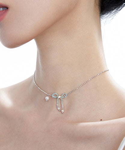 Blue Crystal Bow Pearl Silver Choker