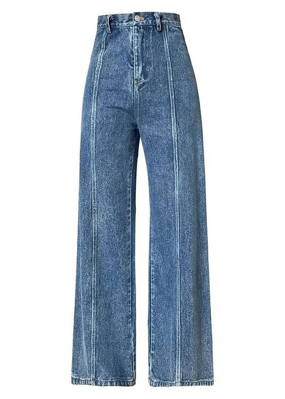 French Blue Hig Waist Patchwork Denim Pants Fall