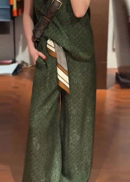 Green O-neck Satin Vest and Wide Leg Pants Two Pieces Set Summer